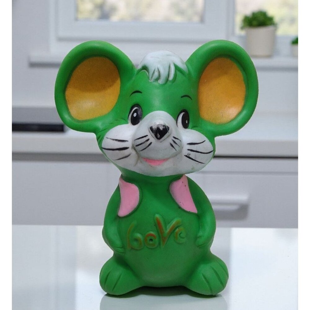 Vtg 70s Rubber Squeaker Mouse Toy Reliance Products Taiwan 6" Kitsch MCM Kidcore